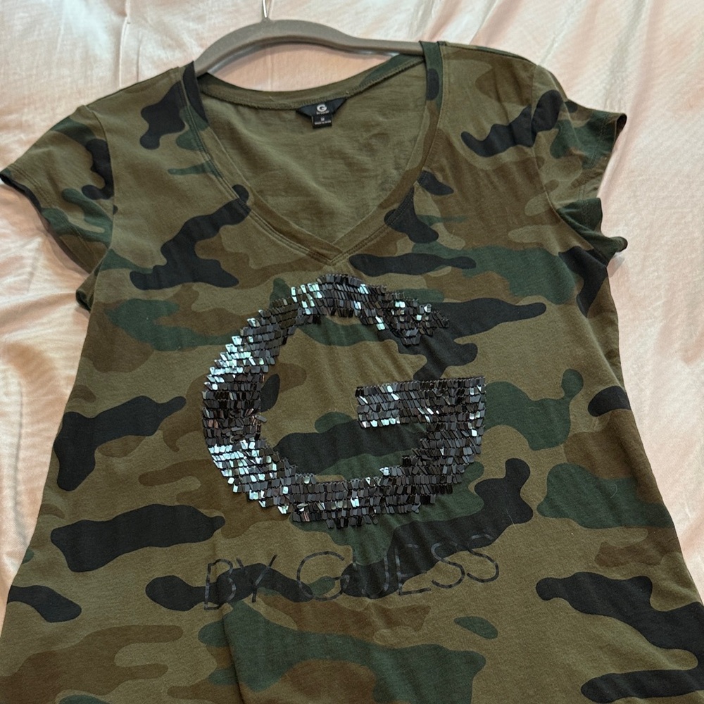 G by Guess Olive Green Camo V-Neck Tee with Sequin G